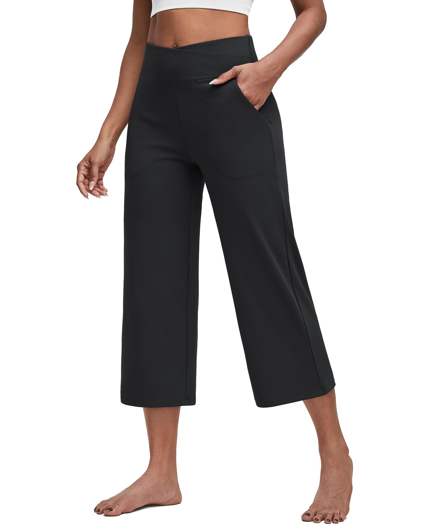 G4Free Capri Pants for Women with Pockets Cross Waist Wide Leg Yoga Pants