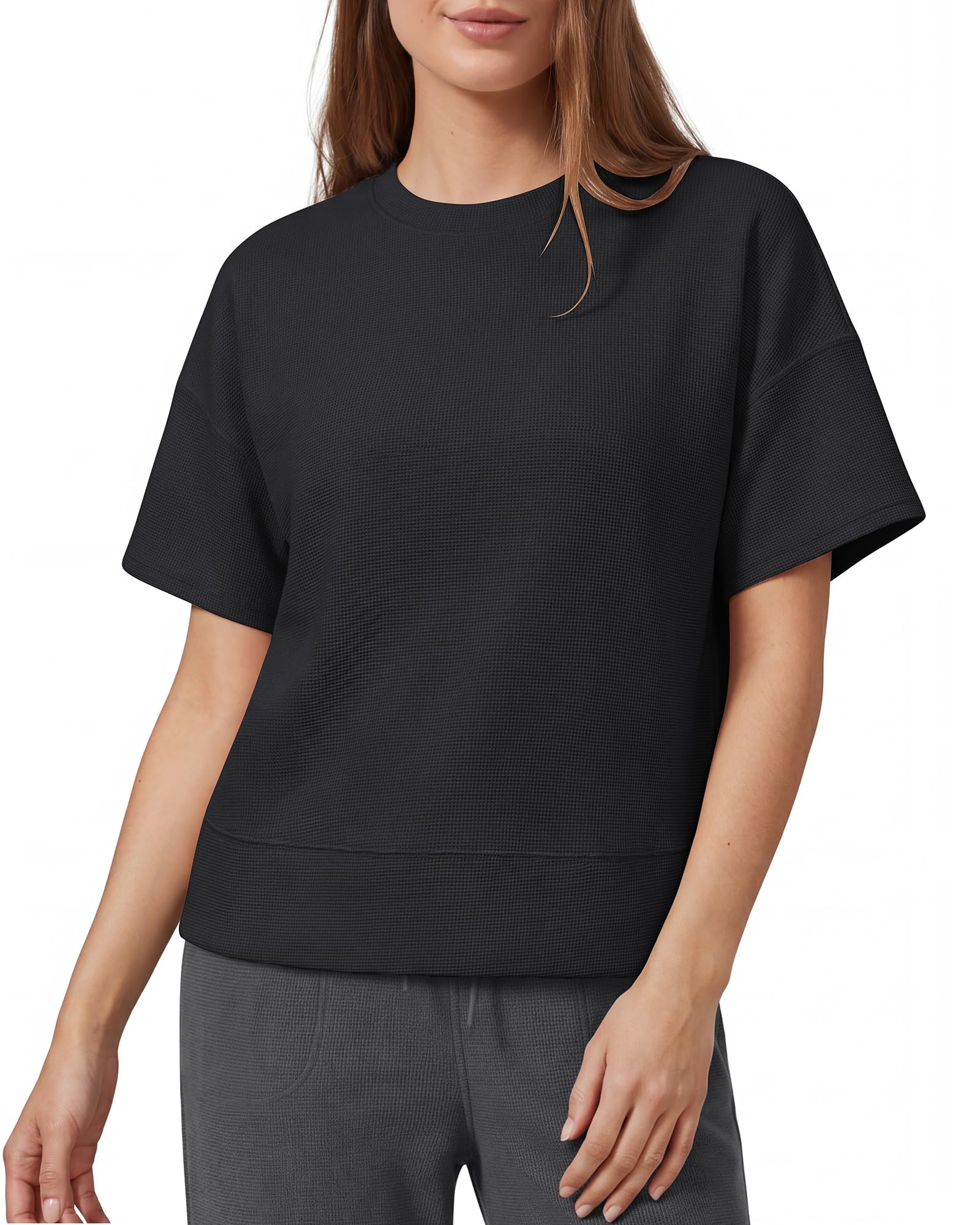 G4Free Womens Waffle Knit Tops Breathable Short Sleeve T-Shirts Casual